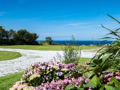 A garden with flowers and a gravel path overlooking the sea at Harbour Lodge in Port Isaac