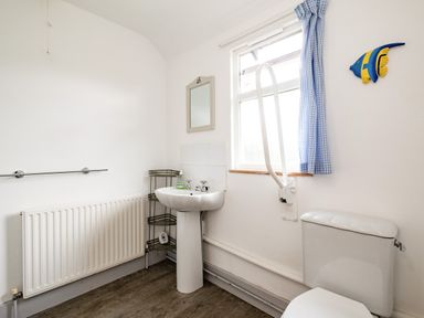 A bathroom with a toilet and pedestal sink under a window with blue check curtains at Puffin Lodge Port Isaac