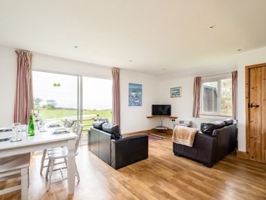 A living room with two leather sofas a television and a dining table near large sliding glass doors at Puffin Lodge in Port Isaac