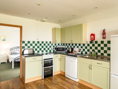 A kitchen with green and white checkered backsplash cabinets oven toaster microwave dishwasher and sink with a view into a bedroom at Puffin Lodge Port Isaac