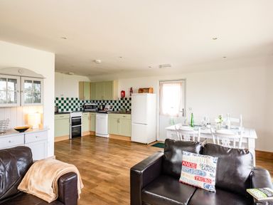 A kitchen and dining area with green cabinets, a white refrigerator, a stove, a dishwasher, a white dining table with chairs, and a dark brown leather sofa with a cushion at Puffin Lodge in Port Isaac