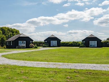 Three black small cabins with grass and gravel path under a blue sky