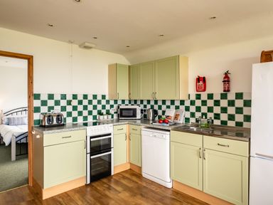 A kitchen with green and white checkered backsplash cupboards appliances and a view into a bedroom at Dolphin Lodge in Port Isaac