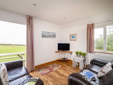 A living room with two leather sofas a small television on a corner shelf and patio doors overlooking a grassy area at Dolphin Lodge in Port Isaac
