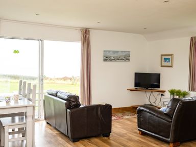 A living room with two dark leather sofas a wall-mounted TV and a dining table near sliding glass doors at Dolphin Lodge in Port Isaac
