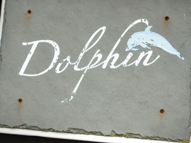A weathered stone sign with the word Dolphin and a painted dolphin at Dolphin Lodge in Port Isaac