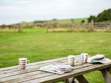 A wooden picnic table with three colorful mugs a stack of magazines and a hat on a lawn at Dolphin Lodge in Port Isaac