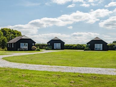 Three small black cabins with picnic tables in front on a grassy area with a gravel path at Dolphin Lodge in Port Isaac