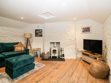 A living room with a green sofa and ottoman a floor lamp a wood stove a television on a stand and wooden floors at Spindrift Polperro