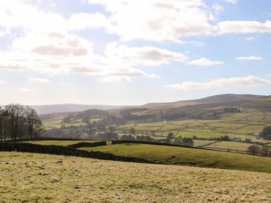 A rural landscape with fields separated by stone walls and hills in the background at Cross View Cottage in Alston