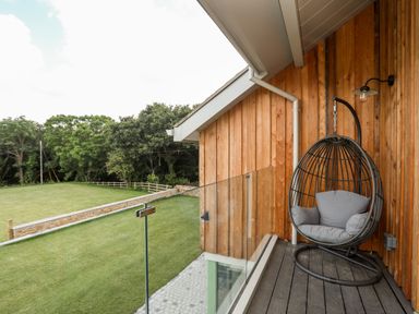 A balcony with a hanging chair and glass railing overlooking a grassy yard at Rynys in Llanddeiniolen near Llanrug