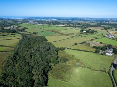 An aerial view of farmland with fields trees and buildings at Rynys in Llanddeiniolen near Llanrug