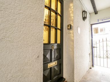 An entrance area with a black door featuring windows and a lion door knocker next to a gated exit at April Cottage in Whitby