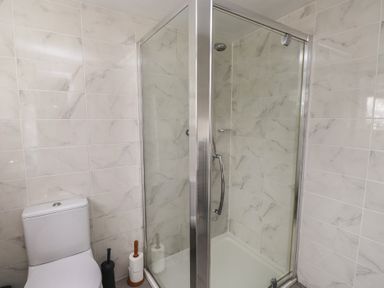 A bathroom with a shower and toilet at Bro Mebyd Criccieth