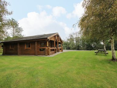 A log cabin on a grassy area with trees and a picnic table at Brynallt Country Park Frankton near Ellesmere