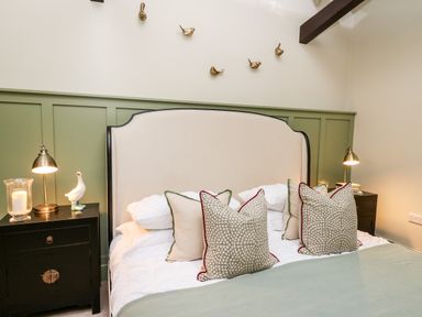 A bedroom with a large bed with pillows two bedside tables with lamps and decorative items and green paneling on the wall at Llygad Y Dydd in Bow Street Wales