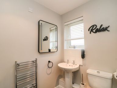 A bathroom with a pedestal sink a toilet a mirror and a window with blinds at Estuary Walk in Whitby