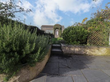 A garden path with steps leading to a small building surrounded by bushes and a trellis at Hillcrest in Oxwich near Port Eynon