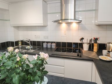 A kitchen with a sink, stovetop, knives, utensils, a toaster, mugs, a plate with biscuits, and a vase of pink roses at 58 High Street in Falmouth