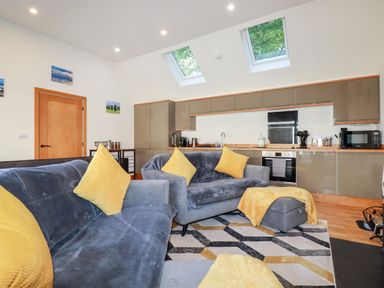 A living room with two grey sofas with yellow cushions and a geometric rug next to a kitchen with brown cabinets and skylight windows at Clonmore in Bodmin