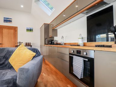 A kitchen with grey cabinets wooden countertops an oven a sink and a gray couch with a yellow pillow at Clonmore in Bodmin