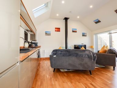 A kitchen and living area with grey sofas and yellow pillows wood stove and skylight at Clonmore in Bodmin