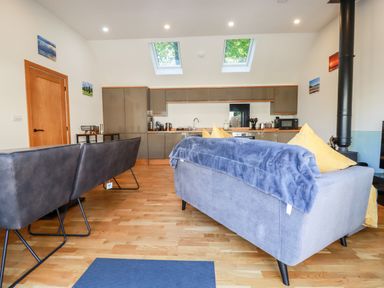 An open plan kitchen and living area with grey sofa and chairs wooden floor and skylights at Clonmore in Bodmin