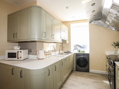A kitchen with green cabinets a white countertop dishwasher microwave and stainless steel extractor at Above Deck in Beaumaris