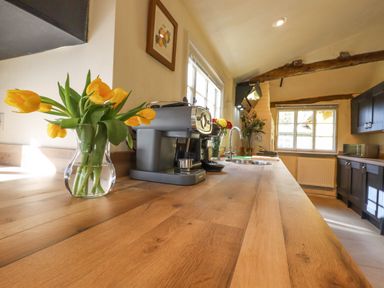 A kitchen countertop with a vase of yellow tulips coffee machine sink and window at The Abbey Cottage in Windsor Green