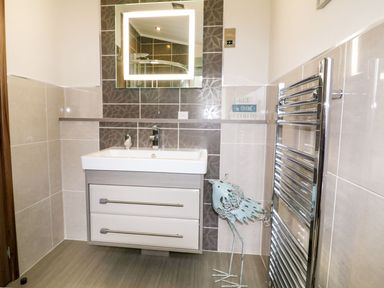 A bathroom with a sink and cabinet mirror radiator and a metal bird sculpture at Hafan Lodge 85 Wisemans Bridge near Saundersfoot