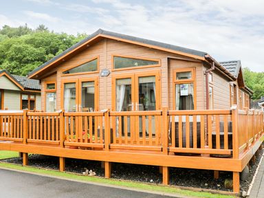 A wooden lodge with a wraparound deck and railing in a green leafy area at Hafan Lodge 85 Wisemans Bridge near Saundersfoot