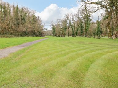 A grassy open area with a dirt path and trees surrounding at Hafan Lodge 85 Wisemans Bridge near Saundersfoot