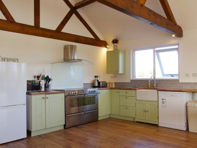 A kitchen with green cabinets a stainless steel oven a white refrigerator a dishwasher and a window with wooden beams at Haimwood Byetake in Llandrinio