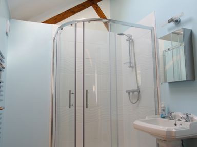 A bathroom with a curved glass shower enclosure a white sink with two taps a mirrored cabinet and a wooden ceiling beam at Haimwood Byetake in Llandrinio