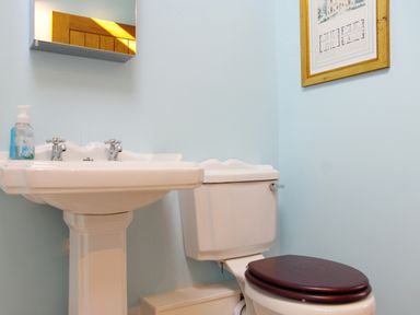 A bathroom with a white pedestal sink, a white toilet with a dark wooden seat, a soap dispenser on the sink, a framed picture on the wall, and a mirror above the sink at Haimwood Byetake in Llandrinio