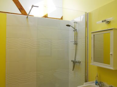 A bathroom with a shower stall with white textured tiles a sink with soap dispenser and a wall-mounted mirror cabinet at Haimwood Byetake in Llandrinio