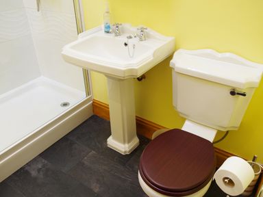 A bathroom with a shower enclosure a white sink with two taps and a white toilet with a wooden seat at Haimwood Byetake in Llandrinio