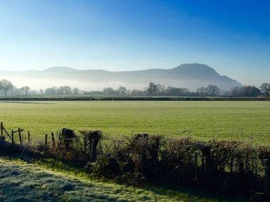A green field with trees and hills in the background under a clear blue sky at Haimwood Byetake in Llandrinio