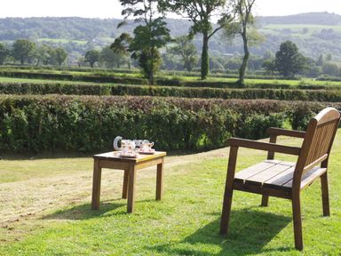 A wooden bench and table with tea set on grass in a garden with hedges and trees in the background at Haimwood Byetake in Llandrinio