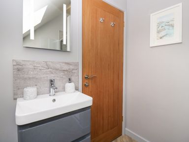 A bathroom sink with soap dispensers a wooden door and a framed picture on the wall at Little Knaplock in Fiddington near Combwich Somerset