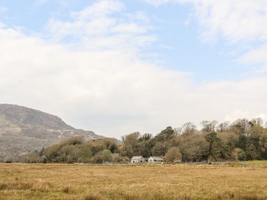 A field with dry grass and stone buildings near trees and hills at Tyn Llwyn Cornel Eco Barn in Garreg
