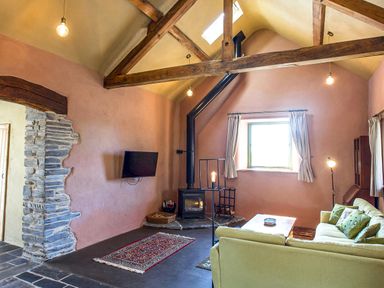 A living room with a green sofa a wood-burning stove and exposed wooden beams at Tyn Llwyn Cornel Eco Barn in Garreg