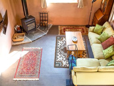 A living room with a wood stove a green sofa a wooden coffee table and patterned rugs at Tyn Llwyn Cornel Eco Barn in Garreg