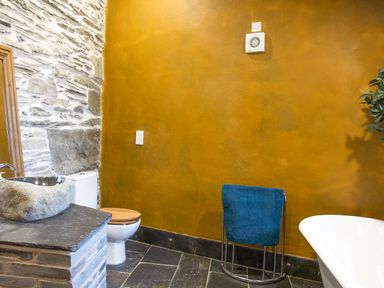 A bathroom with a stone sink and toilet against a stone wall and a freestanding bathtub at Tyn Llwyn Cornel Eco Barn in Garreg