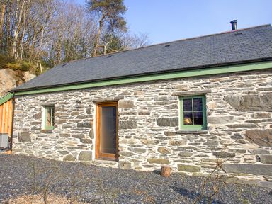 Exterior view of a stone cottage with two windows and a door in a wooded area at Tyn Llwyn Cornel Eco Barn in Garreg