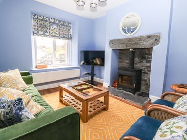 A living room with a green sofa and blue chairs around a wooden coffee table near a fireplace at Estcote Roger Ground near Hawkshead