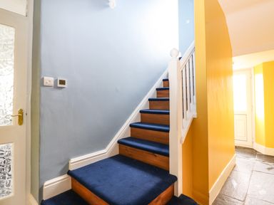 A staircase with wooden steps and blue carpet next to yellow and blue walls at Estcote Roger Ground near Hawkshead