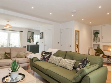 A living room with green and beige sofas and a plant on a coffee table at Rydal Rock in Ambleside