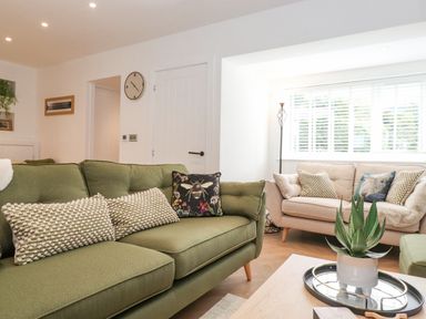 A living room with green and beige sofas with cushions a plant on a coffee table and a floor lamp at Rydal Rock in Ambleside