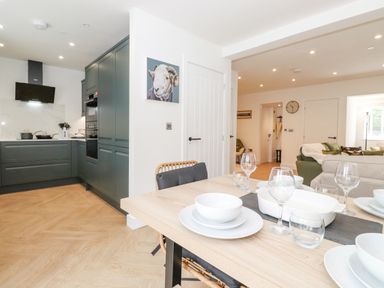 A dining table set with dishes and glasses next to a kitchen with green cabinets and an open living room at Rydal Rock in Ambleside